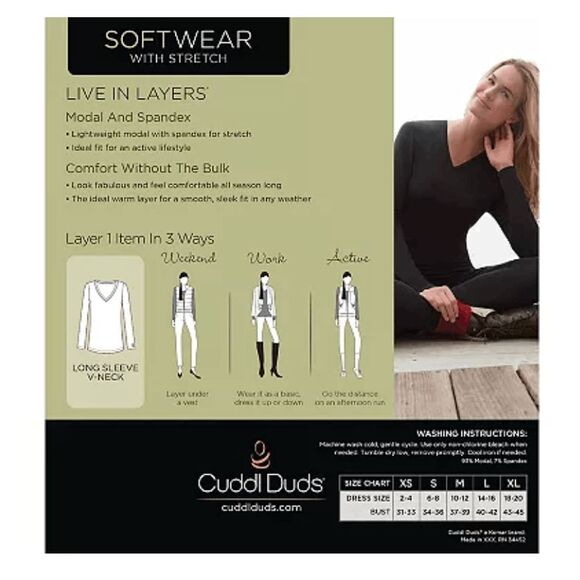 Cuddl Duds Chill Chasers Softwear Stretch Top Black Base Layer Long Sleeve V-Nec - Picture 6 of 6